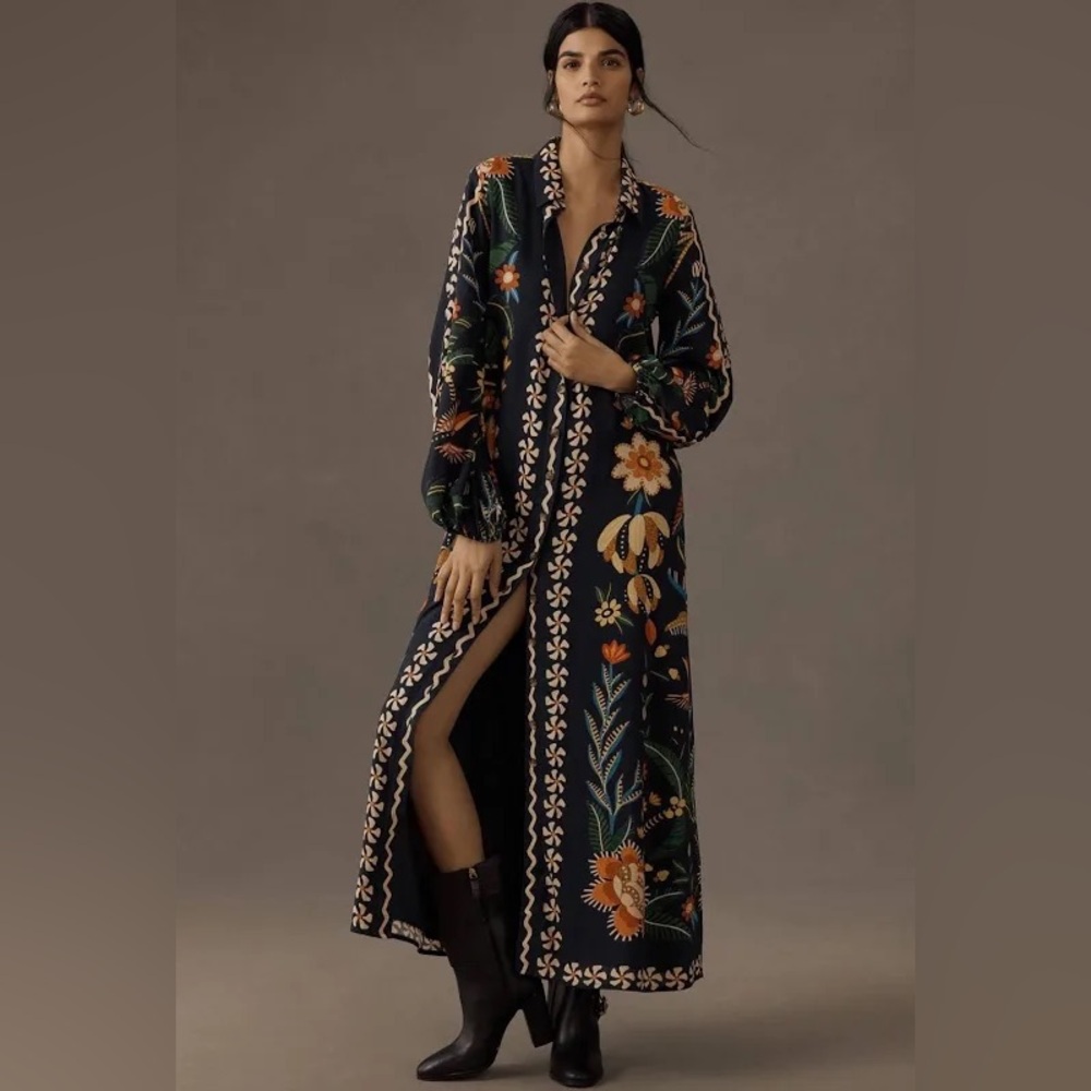 Anthropologie x Farm Rio Floral Birds Long-Sleeve Button-Front Midi Dress​​ NWT